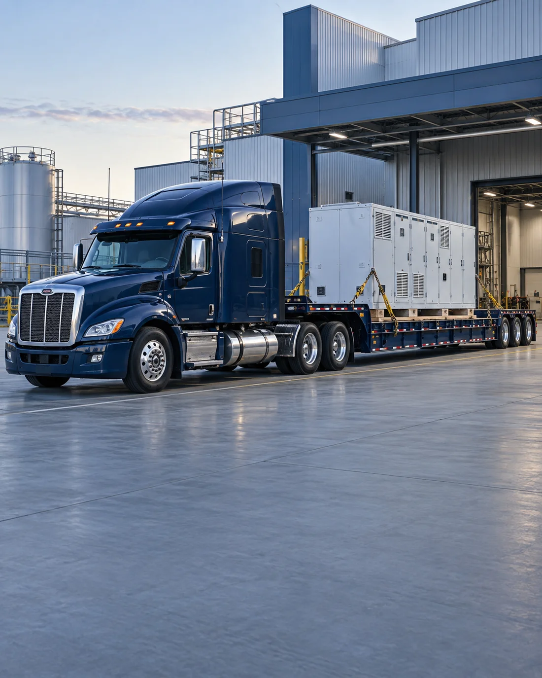 Illustration of a navy flatbed truck carrying industrial electrical equipment at a facility