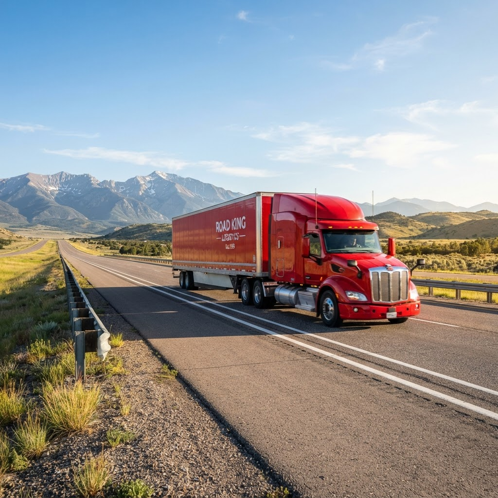 A long-haul semi truck running an interstate at dusk